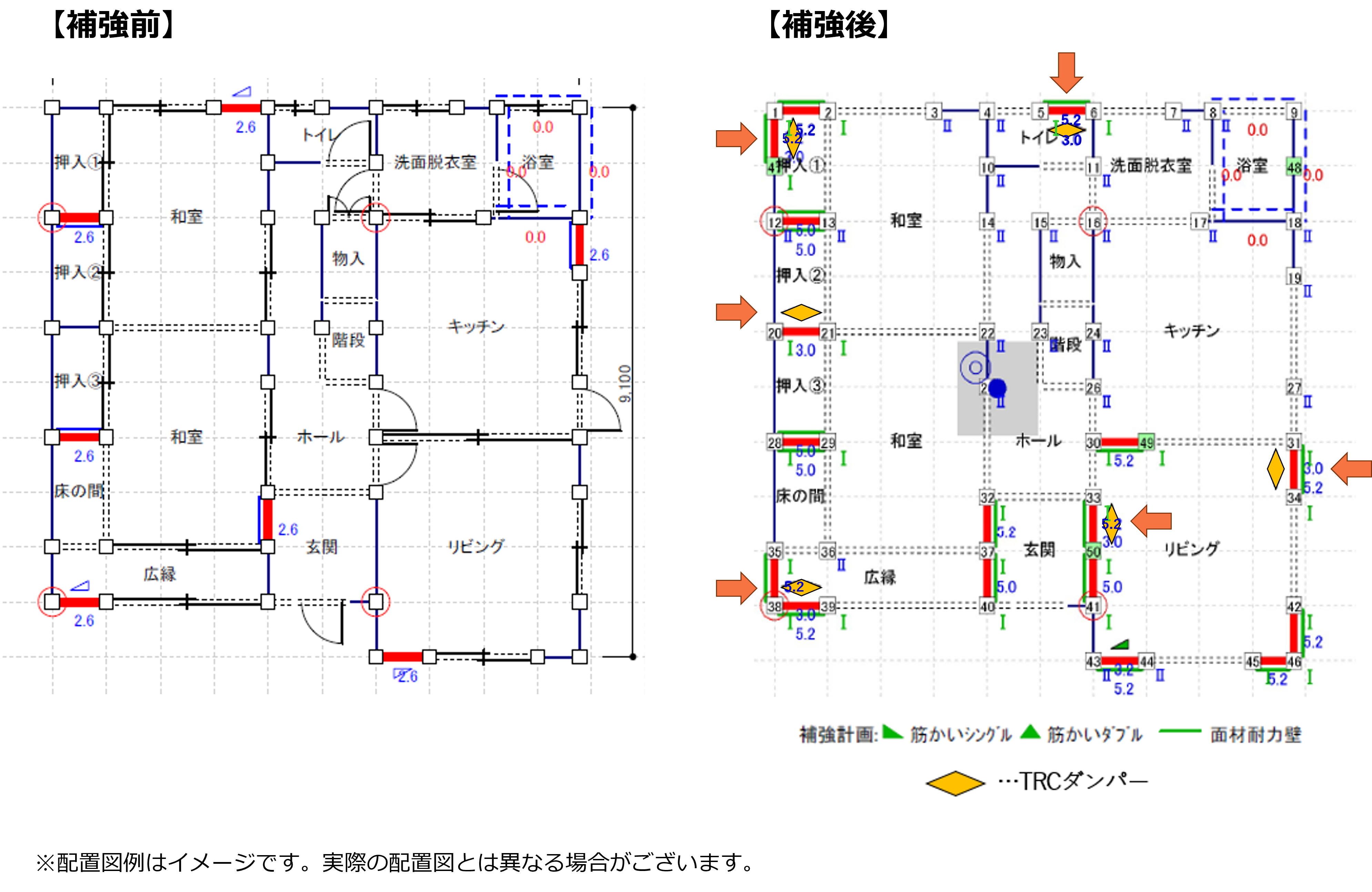 TRCダンパーの配置案（補強・配置前後比較）
